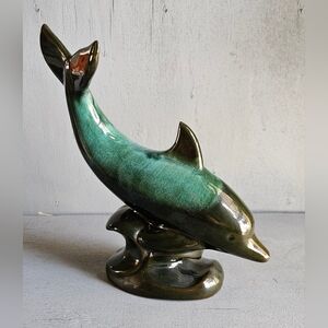 Vintage Blue Mountain Pottery Dolphin Figurine Drip Glaze Teal Black Canada‎